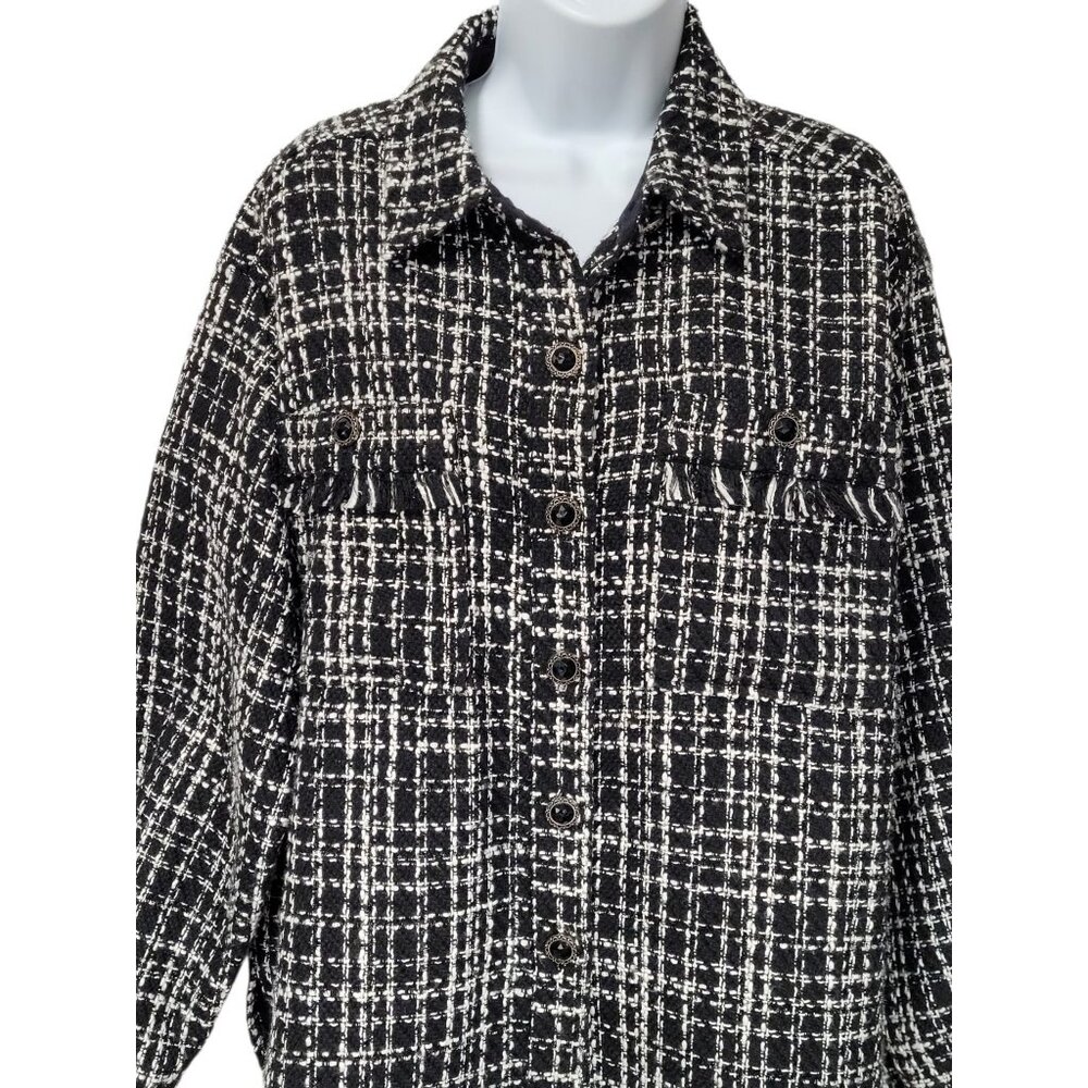 Cato‎ Blazer Womens M Black White Tweed Fringe Pockets Rhinestone Buttons Career